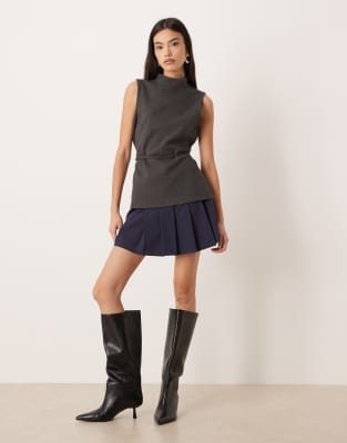 Mini-jupe plissée à taille basse - Bleu marine 44