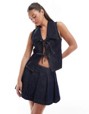 Mini-jupe plissée en jean - Indigo-Bleu marine 36