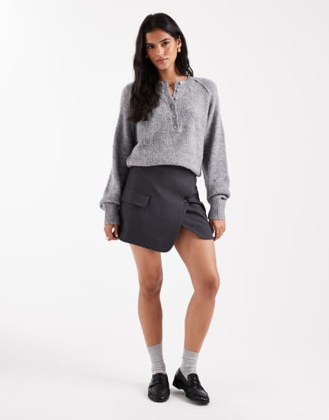 ASOS DESIGN - Mini-jupe portefeuille boutonnée à détail poche - Gris - view 1