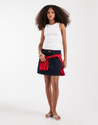 ASOS DESIGN - Mini-jupe trapèze à taille haute - Bleu brut-Bleu marine