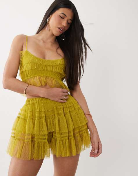 ASOS DESIGN - Mini-jupe volantée en tulle plumetis semi-transparent - Citron vert - view 1