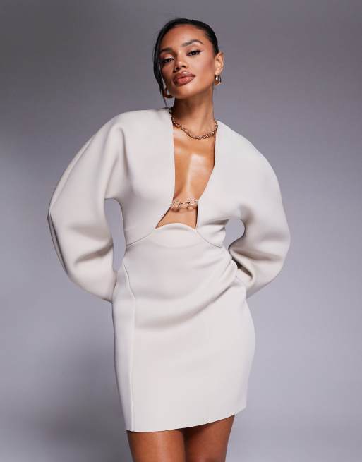 ASOS DESIGN - Mini-jurk in scubastijl met coconmouwen en randversiering in het midden in stone, 4 van 4