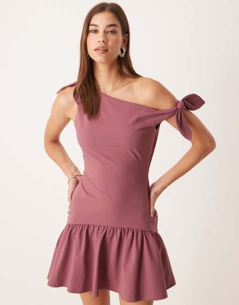 ASOS DESIGN - Mini jurk met afhangende geknoopte schouder en verlaagde taille in moerbei paars - view 1