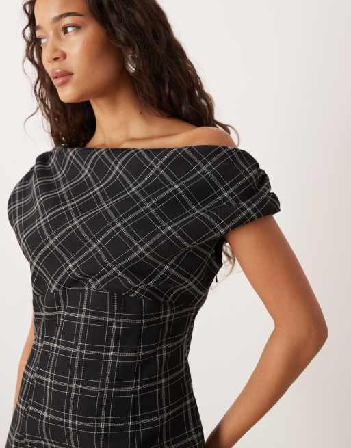 ASOS DESIGN - Mini-jurk met afhangende schouders in zwart-wit ruitpatroon, 2 van 4