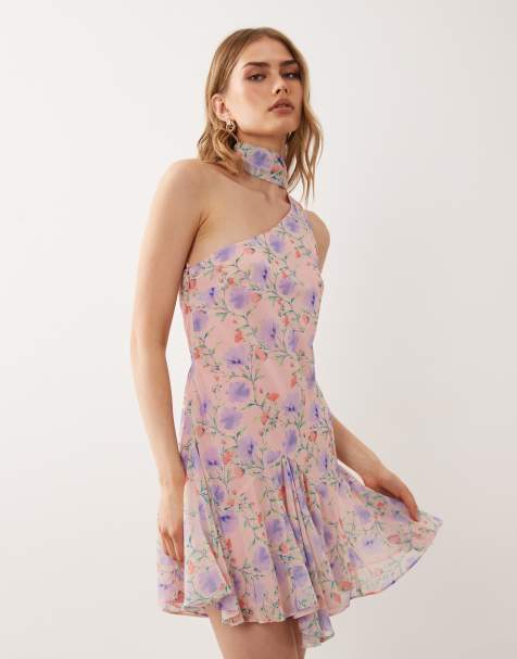 ASOS DESIGN - Mini-jurk met blote schouder, sjaal en bloemenprint in multi - view 1