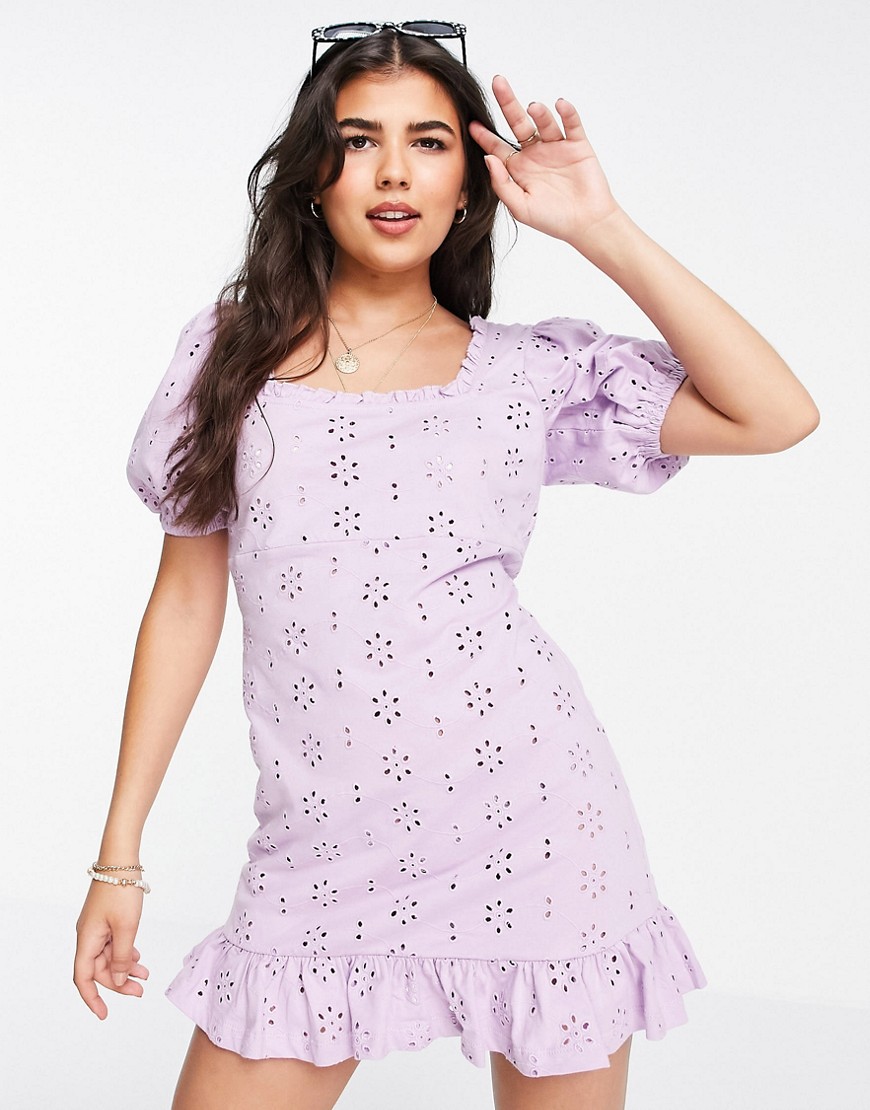 ASOS DESIGN - Mini jurk met broderie, vierkante hals en pofmouwen in lila-Paars