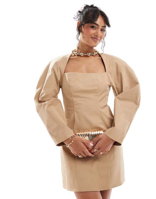 ASOS DESIGN - Mini-jurk met extreem volumineuze mouwen in camel