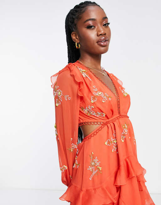 ASOS DESIGN - Mini jurk met geborduurde bloemen in rood, 3 van 4