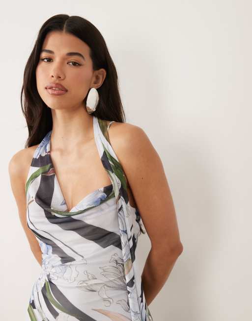 ASOS DESIGN - Mini-jurk met gedrapeerde halslijn, sjaaldetail en godet-plooien in multi, 2 van 4