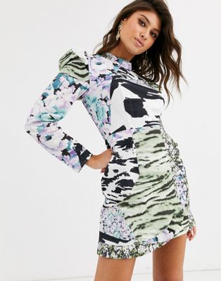 ASOS DESIGN - Mini-jurk met gemengde print en opvallende mouwen-Multi