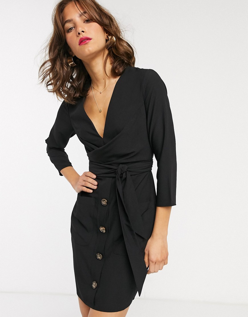 ASOS DESIGN - Mini-jurk met gestrikte overslag en knopen in zwart