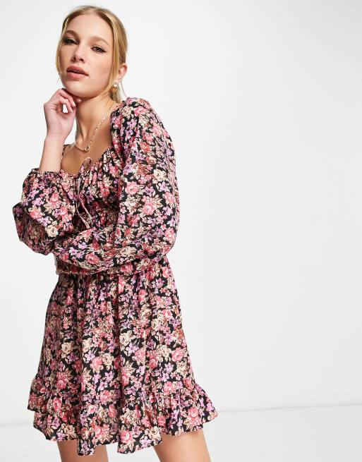 ASOS DESIGN - Mini-jurk met gestrikte voorkant, lange mouwen en paarse bloemenprint