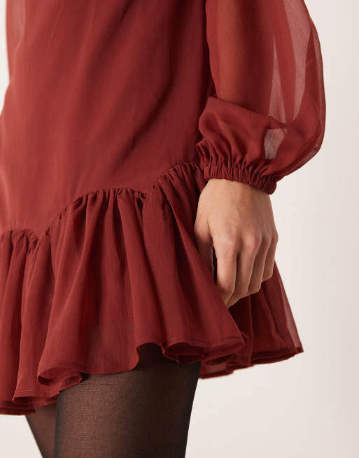 ASOS DESIGN - Mini jurk met godetplooien en rechte hals in bordeauxrood, 3 van 4