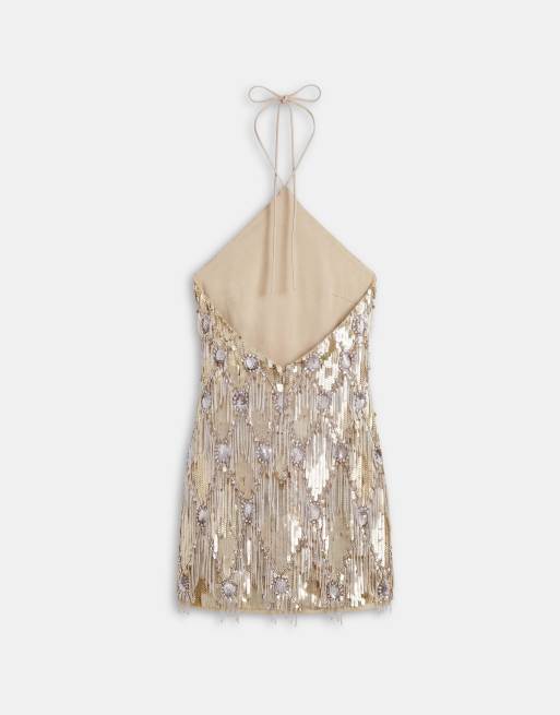 ASOS DESIGN mini-jurk met halternek, diamantfranje en versiering in goud, 8 van 10