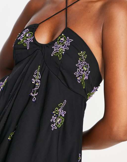 ASOS DESIGN - Mini-jurk met halternek en bloemen versiering in zwart, 3 van 4
