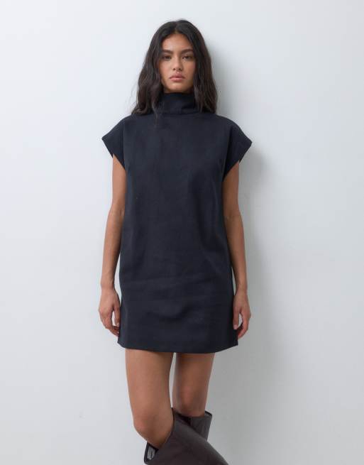 ASOS DESIGN mini jurk met hoge opstaande kraag in zwarte structuur-twill, 5 van 5