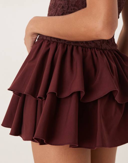 ASOS DESIGN - Mini-jurk met kanten lijfje en popeline rok in chocoladebruin, 3 van 4