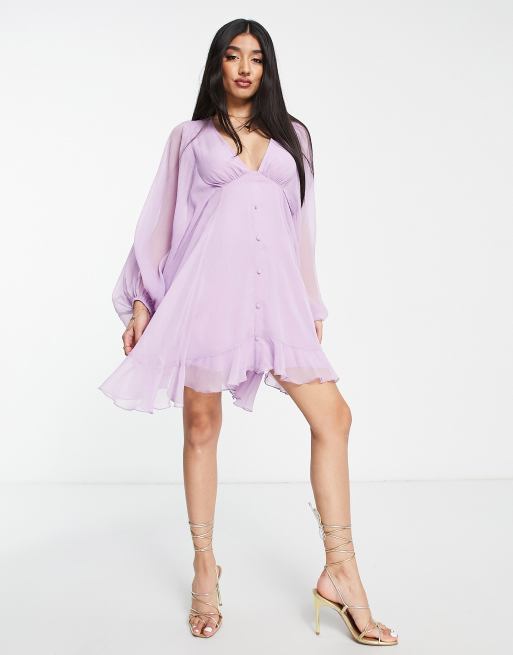 ASOS DESIGN - Mini-jurk met knoopjes en blousonmouwen in lila, 4 van 4
