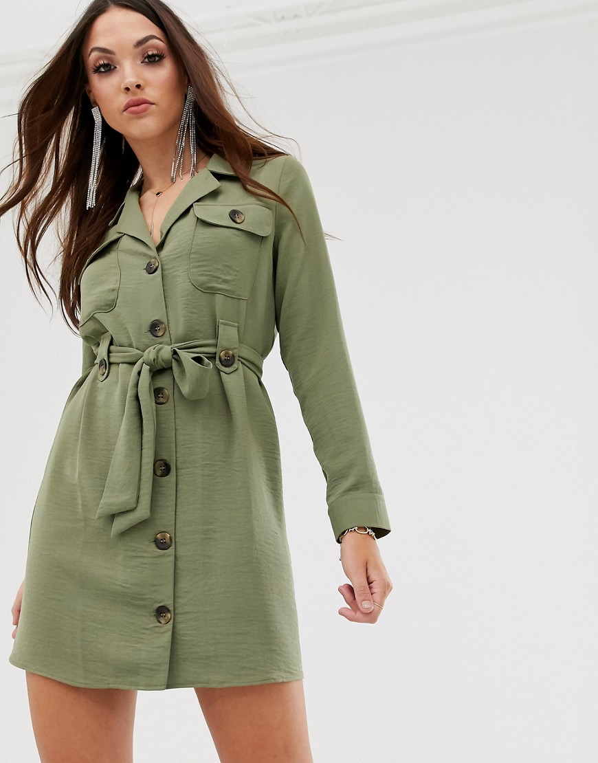 ASOS DESIGN - Mini-jurk met knoopsluiting en ceintuur-Groen