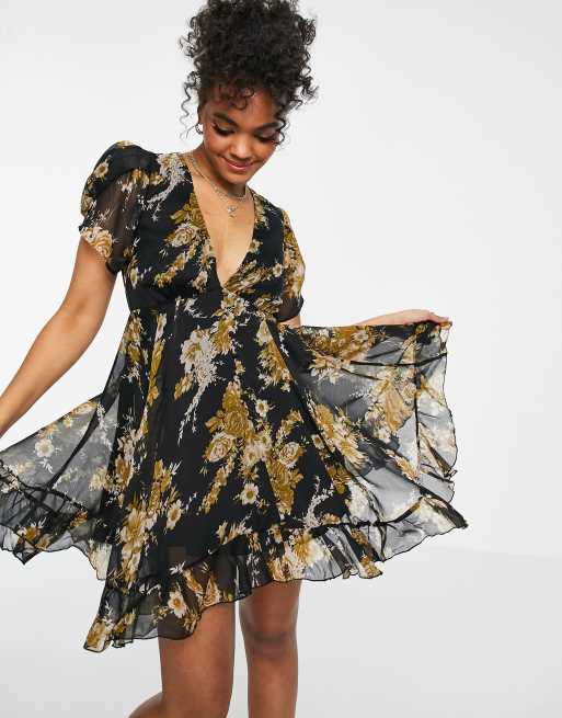 ASOS DESIGN - Mini jurk met knoopsluiting in zwart met vintage bloemenprint