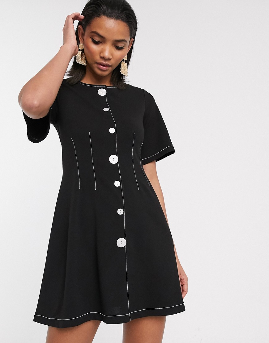 ASOS DESIGN - Mini-jurk met knopen en contrasterend stiksel-Zwart