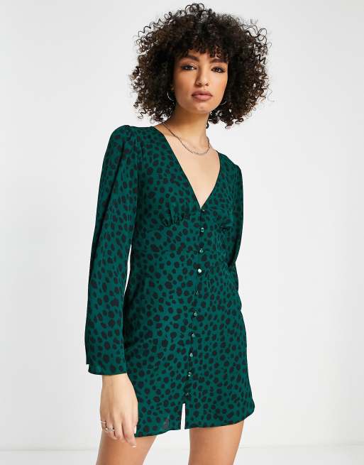 ASOS DESIGN - Mini-jurk met knopen en jaren 70 mouwen in groene dierenprint