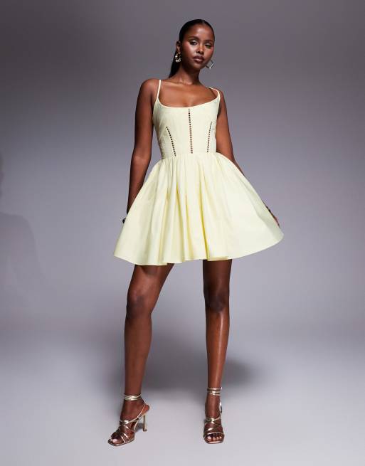 ASOS DESIGN - Mini-jurk met korset en structuur en gestrikte achterkant in lichtgeel, 3 van 4