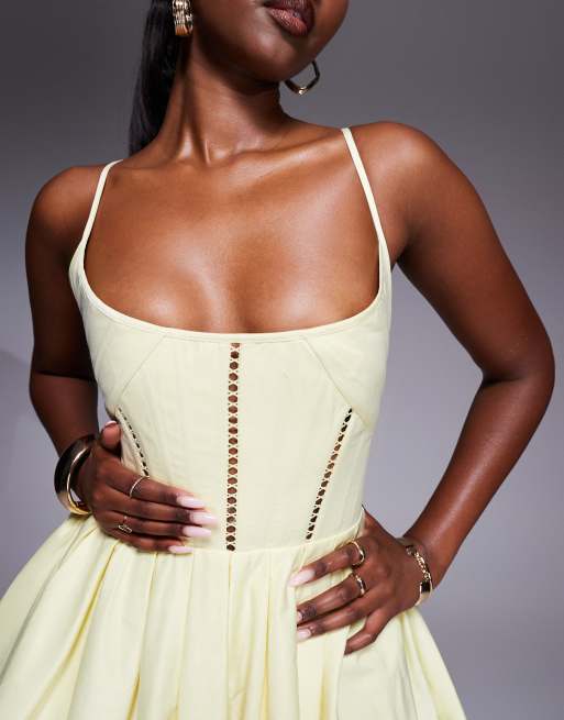 ASOS DESIGN - Mini-jurk met korset en structuur en gestrikte achterkant in lichtgeel, 4 van 4