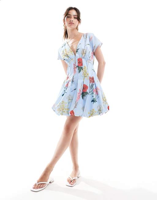 ASOS DESIGN - Mini jurk met korte mouwen en godet-rok in botanische bloemenprint