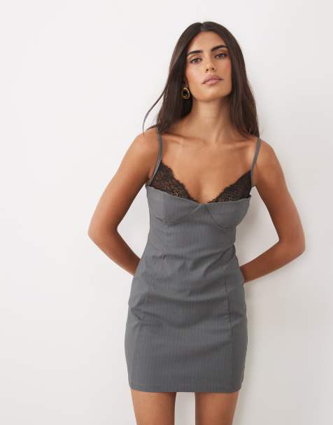 ASOS DESIGN mini jurk met krijtstreep en kanten bustierafwerking in leigrijs - view 1