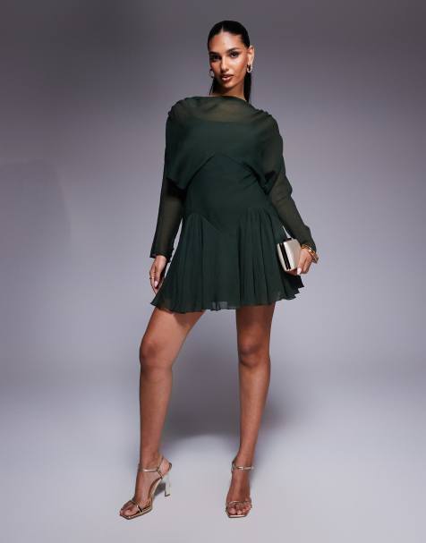 ASOS DESIGN - Mini jurk met lange blousonmouwen en godet-plooien in kaki - view 1
