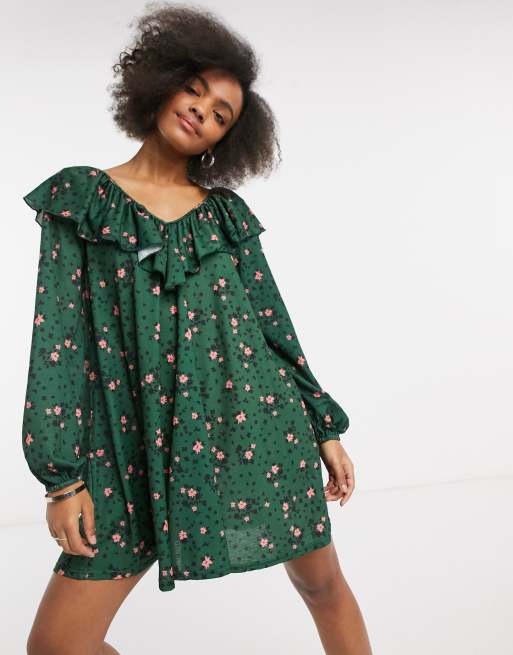 ASOS DESIGN - Mini-jurk met lange mouwen en gestrikte V-hals in bosgroen met roze bloemenprint