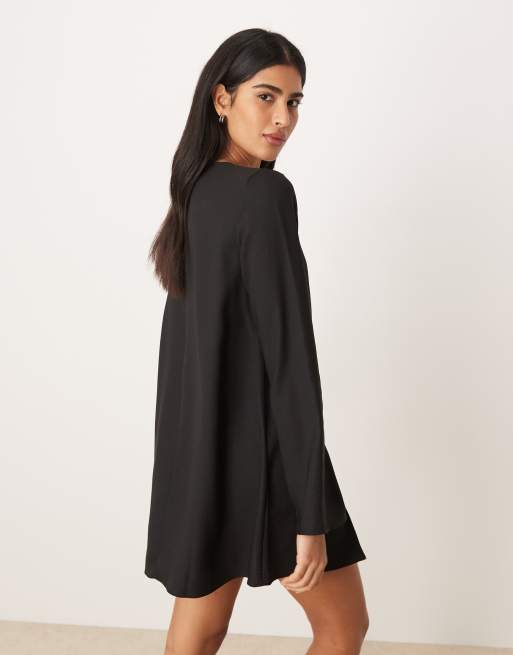 ASOS DESIGN - Mini-jurk met lange mouwen en godetplooien in zwart, 2 van 4