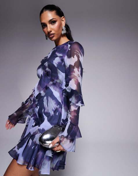 ASOS DESIGN - Mini jurk met lange mouwen en onafgewerkte zoom met ruches in blauwe print - view 1