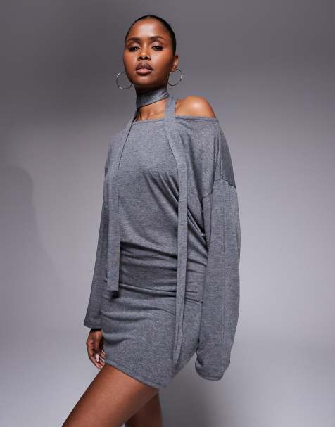 ASOS DESIGN - Mini jurk met lange mouwen en smalle sjaal in antracietgrijs - view 1