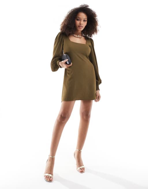 ASOS DESIGN - Mini-jurk met lange mouwen en striksluiting in kaki, 4 van 4
