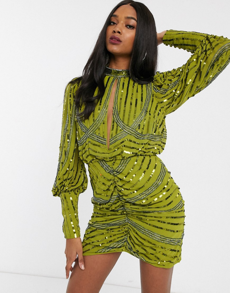 ASOS DESIGN - Mini-jurk met lange mouwen en uitsnijdingen en aansluitende rok-Groen