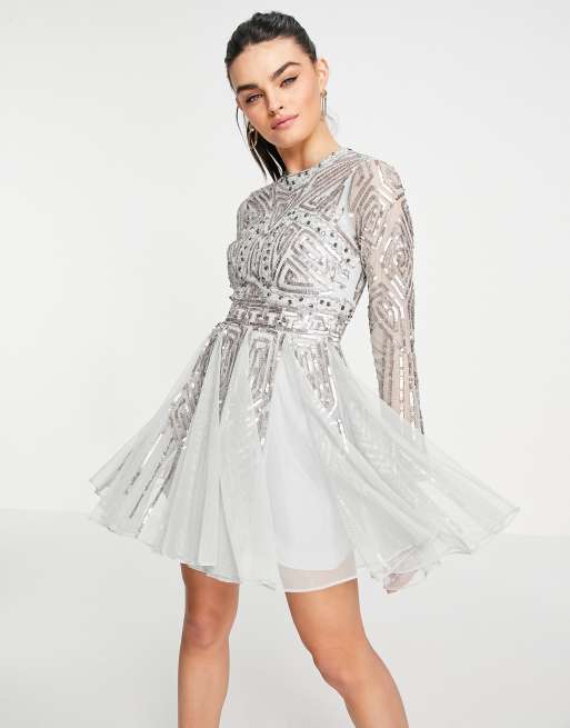 ASOS DESIGN - Mini-jurk met lange mouwen en versiering van lovertjes en siersteentjes in saliegroen