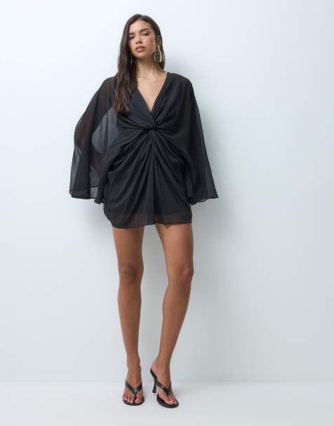 ASOS DESIGN mini jurk met lange mouwen, gedraaide voorkant en open achterkant in zwart - view 1