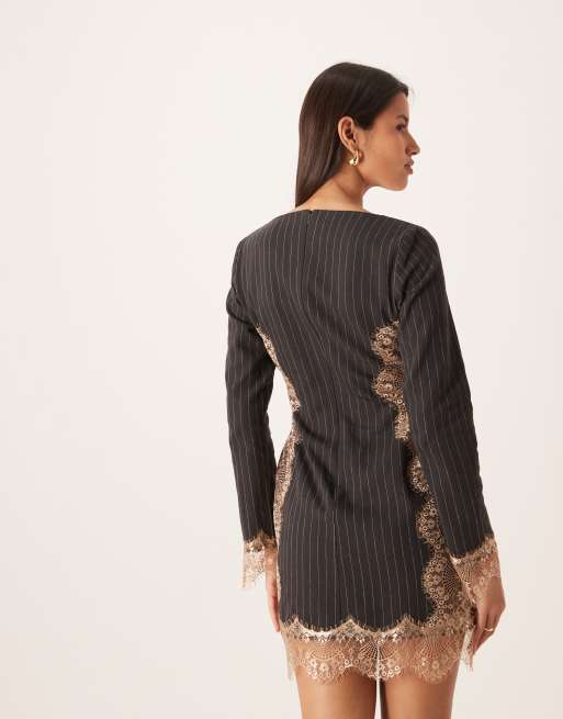 ASOS DESIGN - Mini jurk met lange mouwen, kanten details en krijtstreep in grijs, 3 van 4