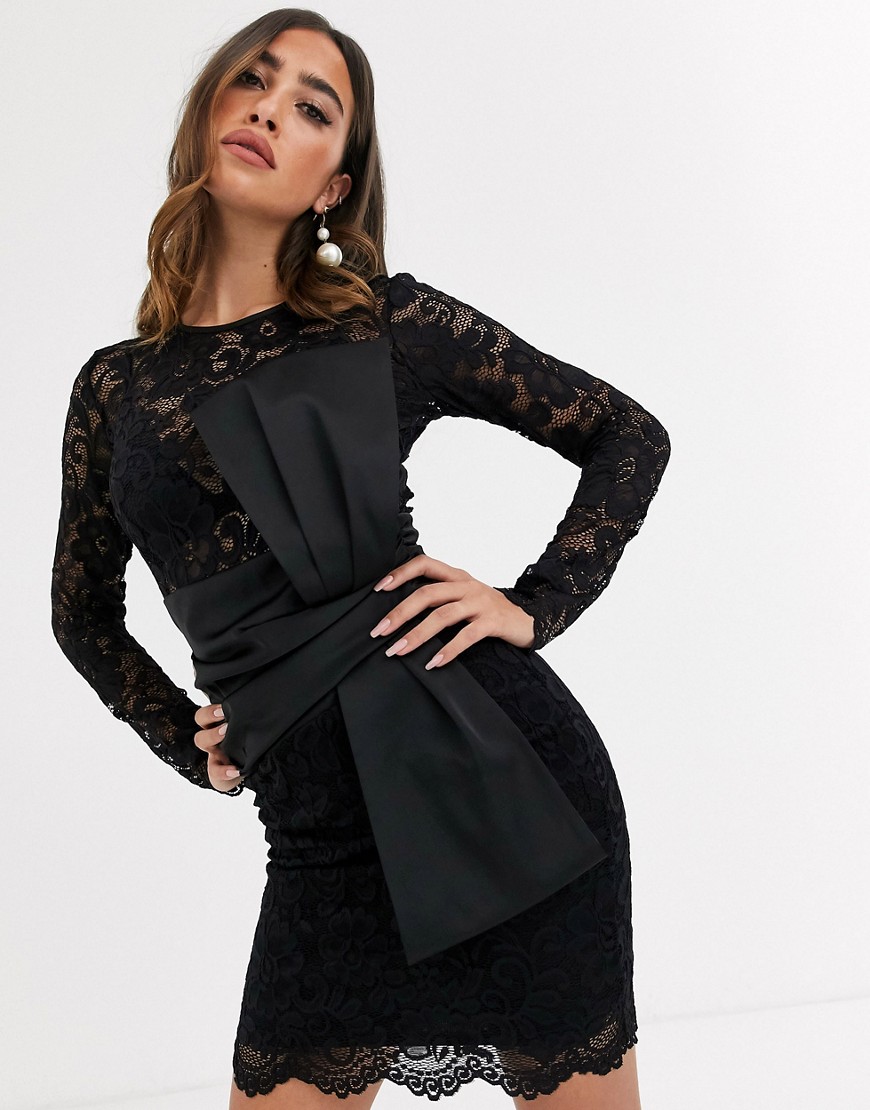 ASOS DESIGN - Mini-jurk met lange mouwen, kanten taille en satijnen strik-Zwart