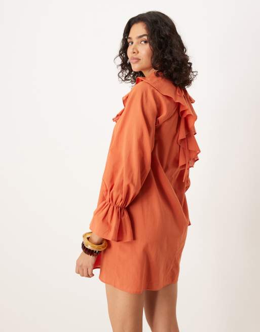 ASOS DESIGN - Mini jurk met lange mouwen, ruches en V-hals in roest, 3 van 4