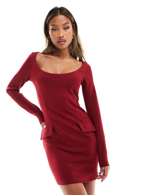 ASOS DESIGN - Mini-jurk met lange mouwen, superlage ronde hals en zakken in bordeauxrood