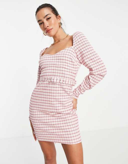 ASOS DESIGN - Mini jurk met lange mouwen van bouclé in roze