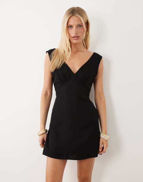 ASOS DESIGN - Mini jurk met linnenlook, V-hals en halternek in zwart - view 1