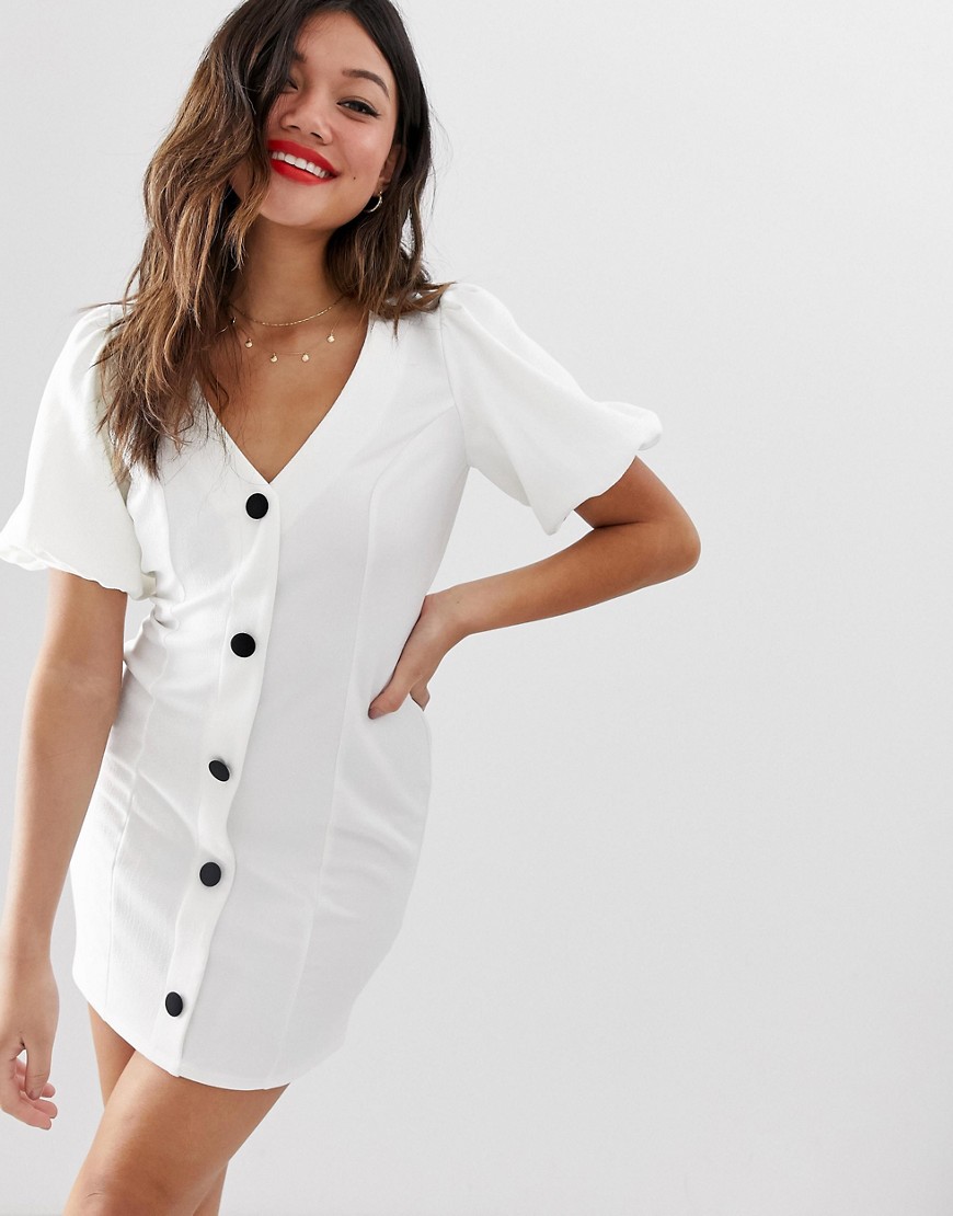 ASOS DESIGN - Mini-jurk met naden, pofmouwen en contrasterende knopen-Wit