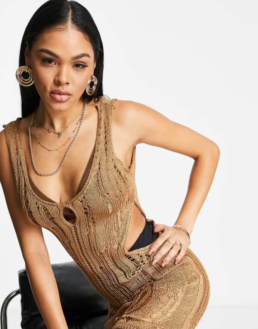 ASOS DESIGN - Mini jurk met open stiksels en uitsnijdingen aan de zijkant in stone, 3 van 4