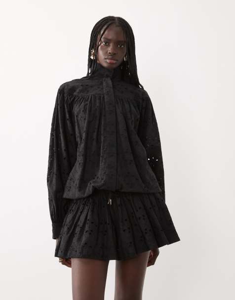ASOS DESIGN mini-jurk met opengewerkt patroon en opstaande boord, blouson en verlaagde taille in zwart - view 1