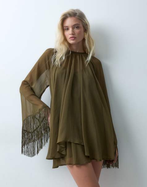 ASOS DESIGN mini jurk met overlay, gelaagde franjerand en mouwen in kaki - view 1