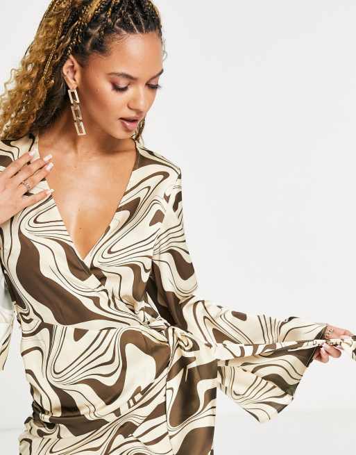 ASOS DESIGN - Mini-jurk met overslag en uitlopende mouwen in marmerprint, 3 van 4
